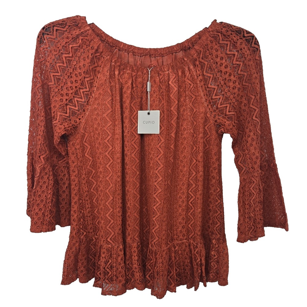 CUPIO Size Small Burnt Orange All Over Lace Jersey Lined 3/4 Bell Sleeve Top New